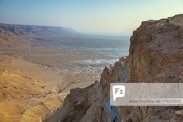 The dead sea desert as seen from atop Masada National Park  Judean Desert  Israel  Middle East  Asia