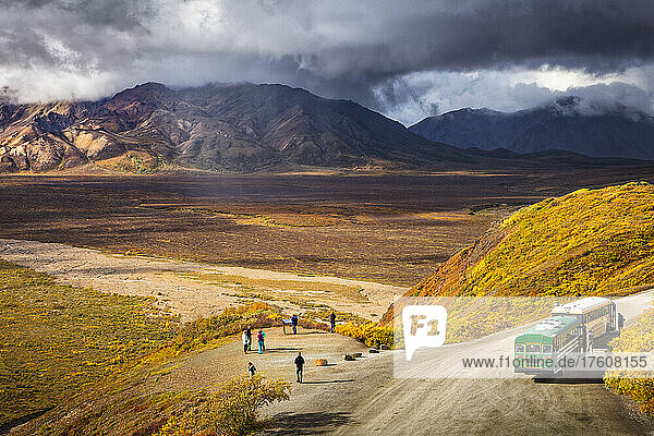 Shuttle bus and visitors at Polychrome Pass overlooking Polychrome Basin and Alaska Range in autumn colours  Denali National Park and Preserve  Interior Alaska; Alaska  United States of America