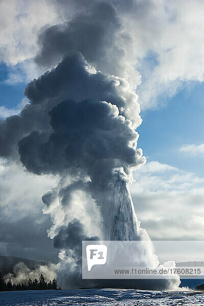 Close-up of Old Faithful erupting with gushing water and large plumes of steam rising into the cloudy blue sky in Upper Geyser Basin  Yellowstone National Park; Wyoming  United States of America