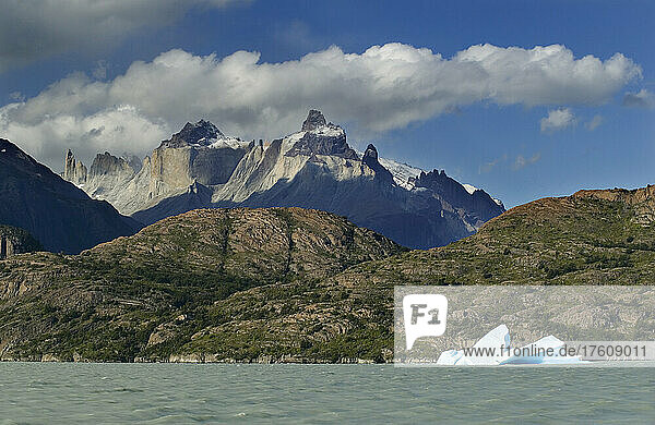 The Cuernos del Paine peaks seen from Lake Grey.; Torres del Paine National Park  Patagonia  Chile.