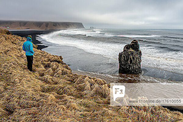 A man looking out over a black sand beach on the southern coast of Iceland.