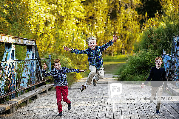 Drei Jungen laufen im Herbst über eine Brücke in einem Park  wobei der Junge in der Mitte hoch in die Luft springt; Edmonton  Alberta  Kanada