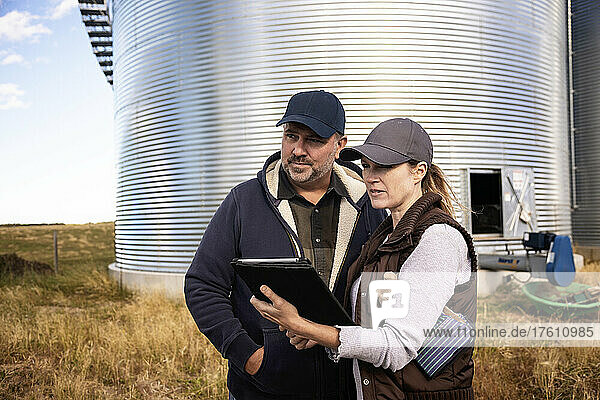 Älteres Ehepaar bei der Arbeit auf dem Bauernhof  vor den Getreidesilos stehend und den Tablet-Computer konsultierend; Alcomdale  Alberta  Kanada
