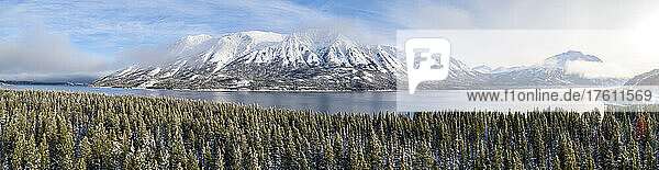 Panoramaluftbild der schönen Landschaft des Tutshi-Sees mit schneebedeckten Bergen im Winter; Yukon  Kanada