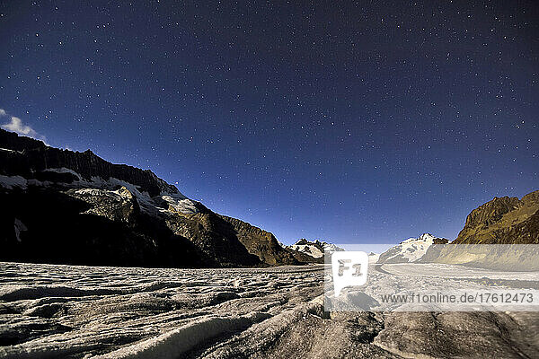 Landscape wilderness on the Aletsch Glacier at night.; Aletsch Glacier  Fiesch  Switzerland.