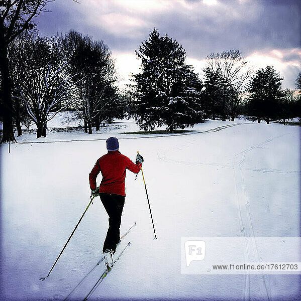 A woman cross country skiing on a golf course during an early winter snowfall.; Montgomery Country  Maryland.