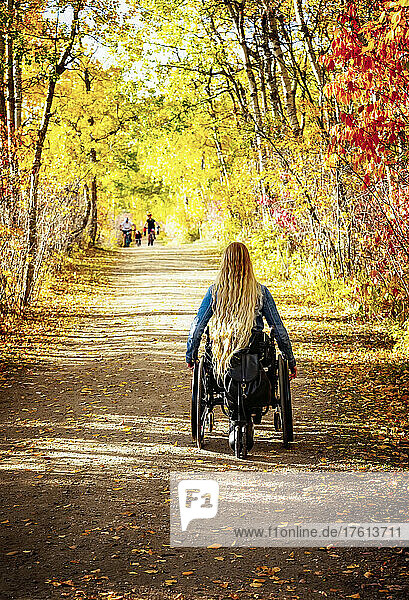Junge querschnittsgelähmte Frau in ihrem Rollstuhl  die an einem schönen Herbsttag einen Weg in einem Park hinunterfährt; Edmonton  Alberta  Kanada