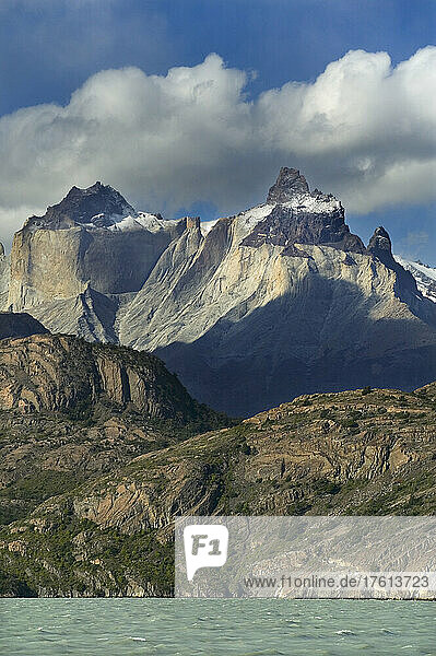 The Cuernos del Paine peaks seen from Lake Grey.; Torres del Paine National Park  Patagonia  Chile.