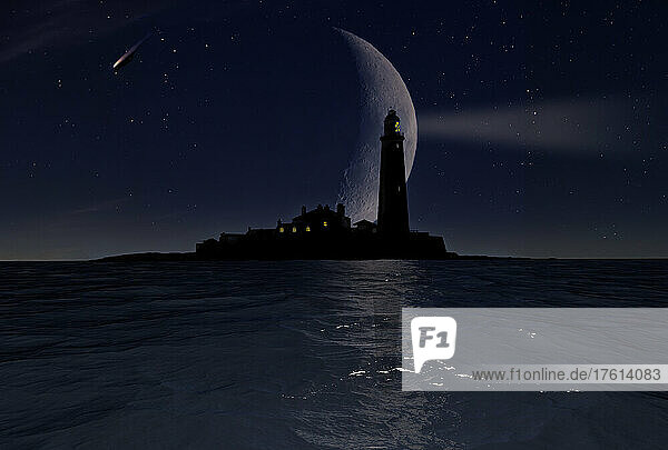 Dramatischer Mond hinter dem nächtlich beleuchteten Leuchtturm von St. Mary's Island in der Whitley Bay und eine Sternschnuppe am Nachthimmel; Tyne and Wear  Northumberland  England  Vereinigtes Königreich