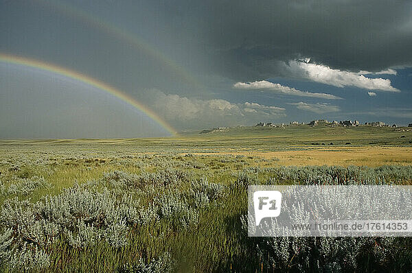 Ein doppelter Regenbogen erscheint über Salbeibüschen in Wyoming; Wyoming  USA.