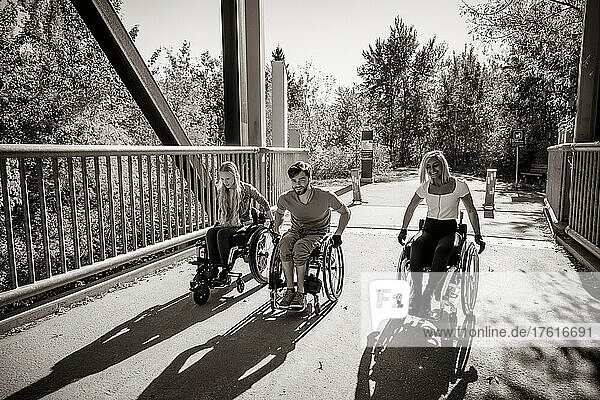 Drei junge querschnittsgelähmte Freunde verbringen Zeit miteinander  indem sie sich an einem schönen Tag in einem Stadtpark in ihren Rollstühlen über eine Parkbrücke bewegen; Edmonton  Alberta  Kanada