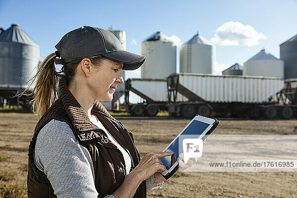 Ältere Landwirtin  die an einem Tablet-Computer arbeitet und vor den Getreidesilos in ihrem Betrieb steht; Alcomdale  Alberta  Kanada