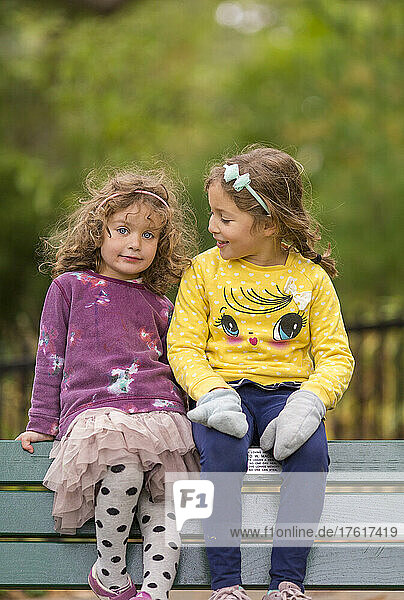Porträt von zwei jungen Schwestern  die zusammen auf dem oberen Rand einer Parkbank sitzen  wobei die eine in die Kamera schaut und die andere ihre Schwester beobachtet; Toronto  Ontario  Kanada