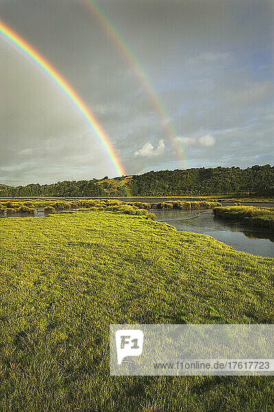 Ein doppelter Regenbogen in der Landschaft entlang der Route nach Punihuil  westlich von Ancud  Chiloe  Chile; Insel Chiloe  Chile