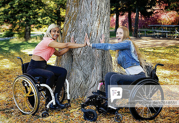 Zwei junge querschnittsgelähmte Frauen in ihren Rollstühlen in einem Park an einem schönen Herbsttag; Edmonton  Alberta  Kanada