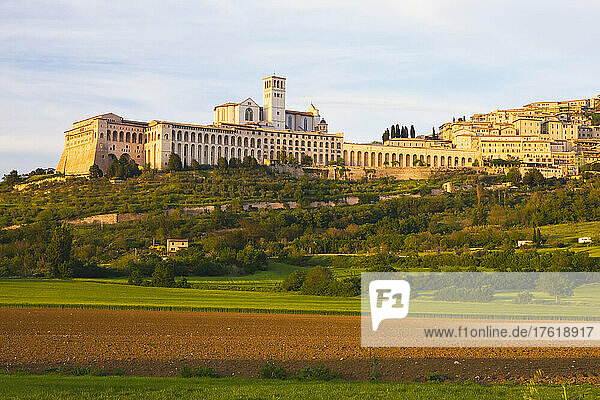 Basilica of Saint Francis of Assisi and cityscape of Assisi  Italy; Assisi  Umbria  Italy