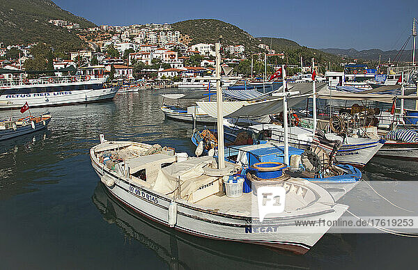 Busy harbour with boats moored and houses on the hillside of the Mediterranean at Kas  Turkey; Kas  Antalya Province  Turkey