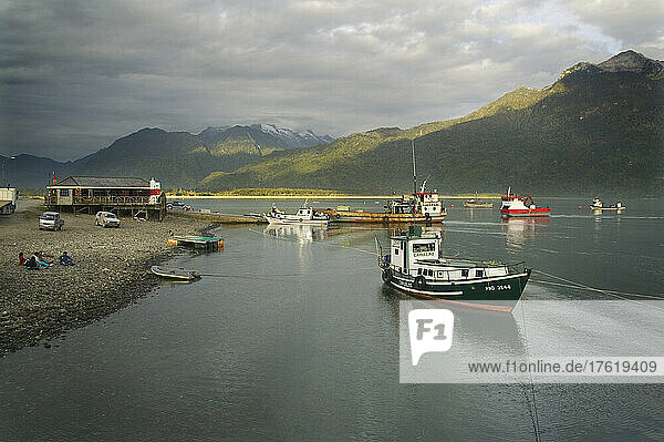 An evening scene in the harbour at Hornopiren  Patagonia  Chile.; Hornopiren  Patagonia  Chile.