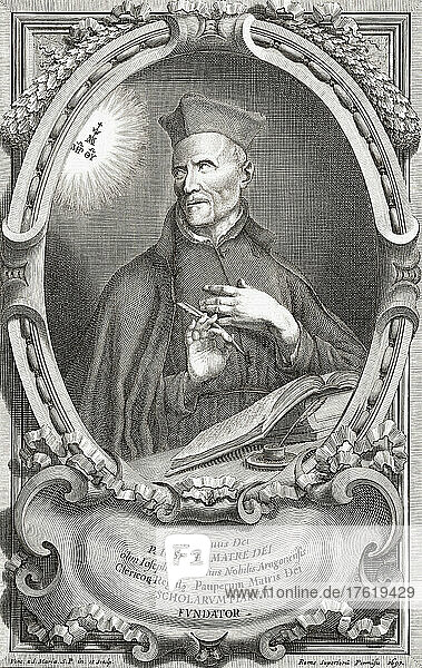 José de Calasanz  1557 – 1648. Spanish Catholic priest also known as Joseph Calasanz  Joseph Calasanctius and Iosephus a Mater Dei. In Rome  in 1597  he opened the first free public school in Europe and subsequently  with the help of the Piarist religious order  which he founded  opened a chain of Pious Schools which provided free education to the sons of the poor. He later opened other Pious Schools around Europe. He was canonized as a saint in 1767. After a work by Vincenzo à Santa Maria.