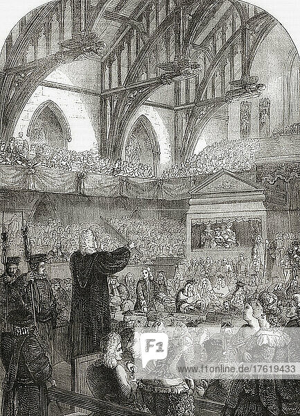 The trial of Dr. Sacherverll. Dr Henry Sacheverell  1674 – 1724. Englsih high church Anglican clergyman famous for his sermons entitled 'The Perils of False Brethren  in Church  and State' delivered in 1709  criticising the Whig ministry  he was impeached and found guilty by the House of Commons. From Cassell's Illustrated History of England  published c.1890.
