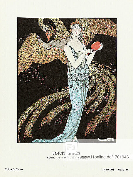 EDITORIAL Sortilèges. Spells. Robe du Soir  de Beer. Evening dress by Beer. Art-deco fashion illustration by French artist George Barbier  1882-1932. The work was created for the Gazette du Bon Ton  a Parisian fashion magazine published between 1912-1915 and 1919-1925.