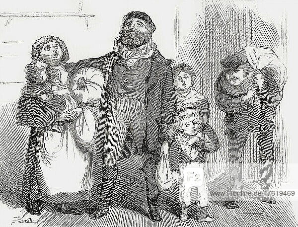 Ein neu angekommener europäischer Einwanderer und seine Familie gehen mit ihrem gesamten Hab und Gut durch die Straßen von New York. Nach einem in den 1870er Jahren veröffentlichten Werk.