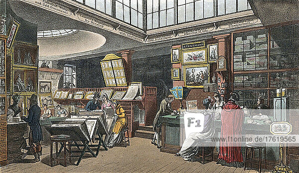 Rudolph Ackermanns Londoner Geschäft Repository of Arts  das er 1794 von seinem früheren Standort in der Pall Mall nach 101 The Strand verlegte. Nach einem Werk von Thomas Rowlandson und Augustus Charles Pugin aus dem Jahr 1809.