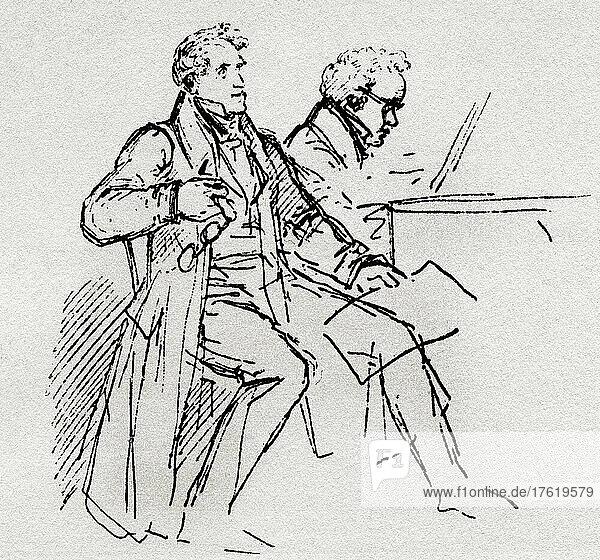 Johann Michael Vogl  left  1768 – 1840. Austrian baritone singer and composer. Franz Peter Schubert  right  1797 – 1828. Austrian composer. Vogl was the first prominent interpreter of Schubert's songs. After a sketch by Moritz von Schwind. From The Golden Age of Vienna  published 1948.