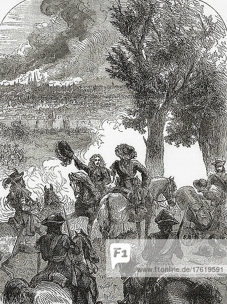 Die Bombardierung Brüssels  1695  durch die Truppen Ludwigs XIV. während des Neunjährigen Krieges. Aus Cassell's Illustrated History of England  veröffentlicht um 1890.