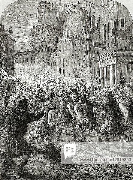 The Edinburgh mob carrying Captain Porteous to execution. Captain John Porteous  c. 1695 – 1736. Scottish soldier and Captain of the Edinburgh City or Town Guard. He was lynched by a mob during the Porteous Riots of 1736 for his part in the killing of innocent civilians while ordering the men under his command to quell a disturbance during a public hanging in the Grassmarket. From Cassell's Illustrated History of England  published c.1890.