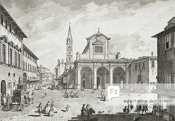 Piazza San Pier Maggiore and the church of San Pier Maggiore  Florence  Tuscany  Italy. After a 18th century work by Pietro Monaco. The church was dismantled in the late 18th century. All that now remains are the three arches of the portico.