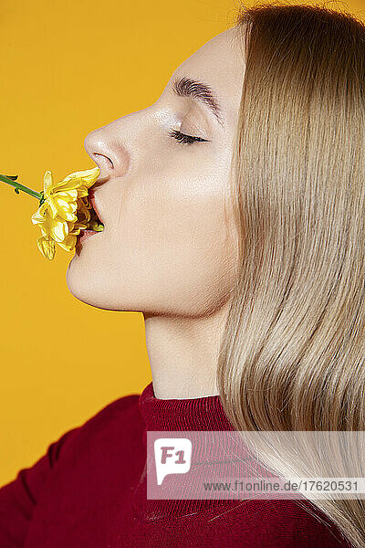 Blond woman eating flower by yellow background