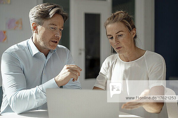 Businesswoman and businessman discussing at desk in office