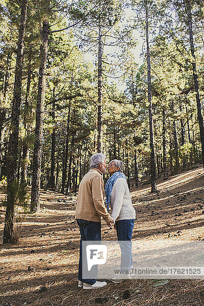 Senior couple kissing each other in forest