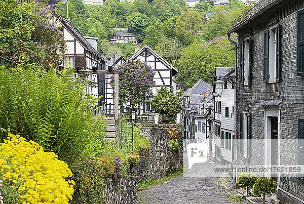 Germany  North Rhine-Westphalia  Monschau  Alley stretching between historic townhouses