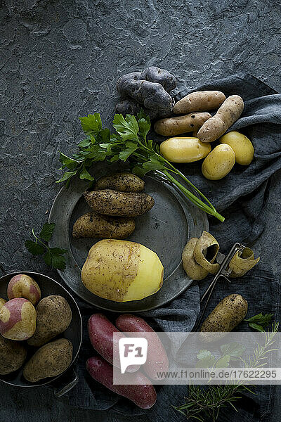 Studio shot of parsley and different varieties of raw potatoes