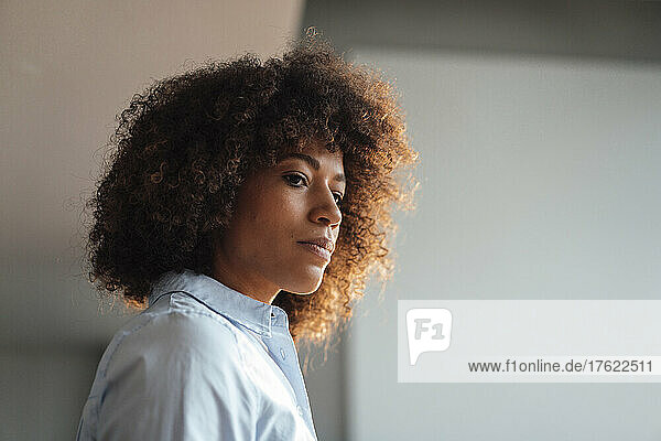 Thoughtful serious businesswoman with brown curly hair in office