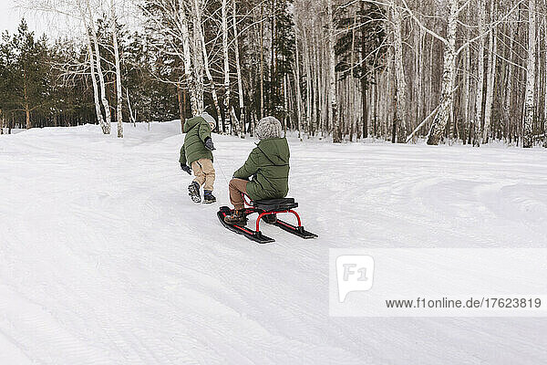 Boy sitting on toboggan pulled by brother in winter forest