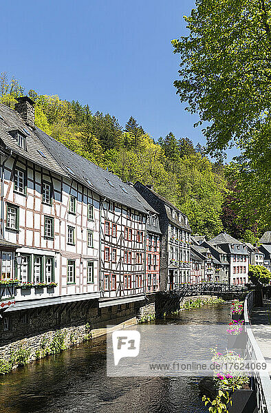Germany  North Rhine-Westphalia  Monschau  Row of historic half-timbered townhouses standing along Rur river canal in spring