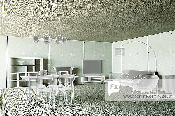 Three dimensional render of living room with projected furniture