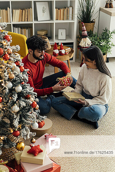 Smiling couple holding gift box sitting by Christmas tree at home