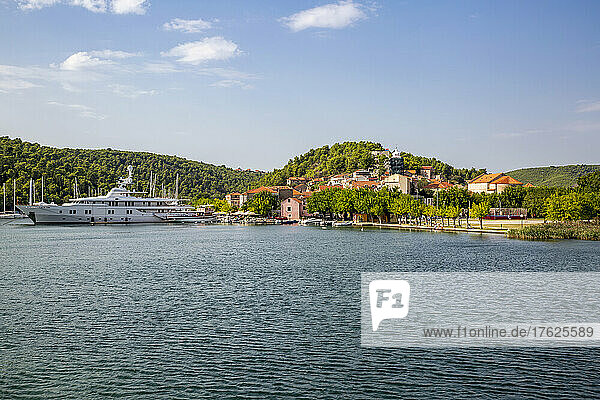 Idyllic view of ship moored in river by Skradin town  Krka National Park  Sibenik-Knin  Croatia