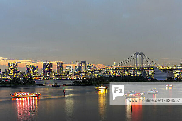 Japan  Kanto Region  Tokyo  Long exposure of Tokyo Bay and Rainbow Bridge at dusk