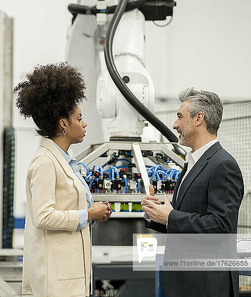 Engineer discussing with businesswoman in factory