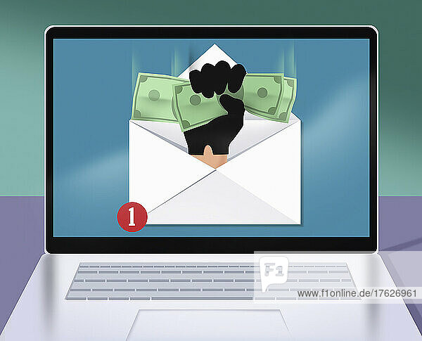 Hand umklammert Geld in E-Mail auf Computerbildschirm