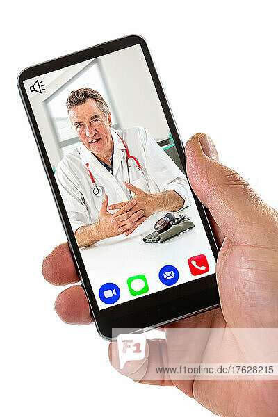 Hand of a man holding Smartphone  mobile phone with calling icon in here phone  song camera and messaging and live chat ith doctor on screen on white backgrou d