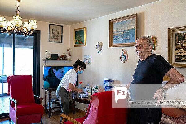 The daily life of a caregiver for a 60-year-old and his 55-year-old disabled son. This widower resumed smoking 2 years ago  after his wife who suffered from Alzheimer's died of cancer. Despite 2 heart attacks  he has trouble quitting smoking. Port-Vendres  OCCITANIA  FRANCE.
