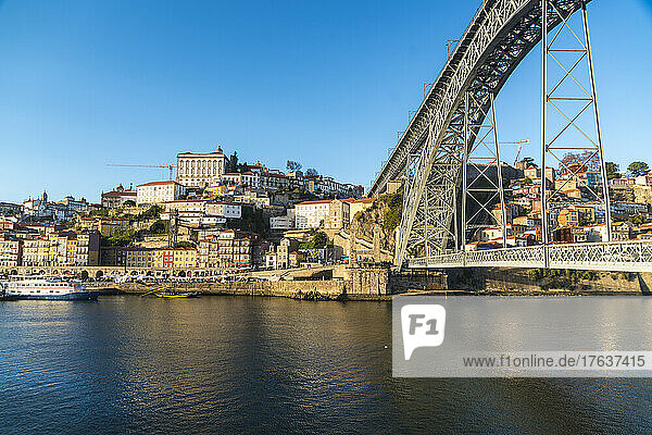 Portugal  Porto  Old town buildings and Dom Luis I Bridge crossing Douro river
