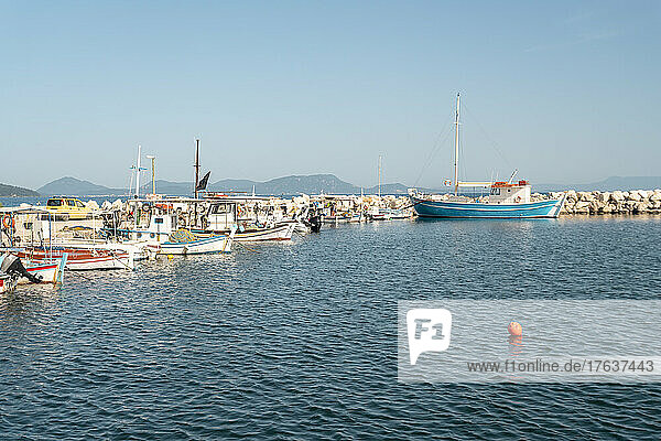 Greece  Lefkimmi  Boats moored in small harbor