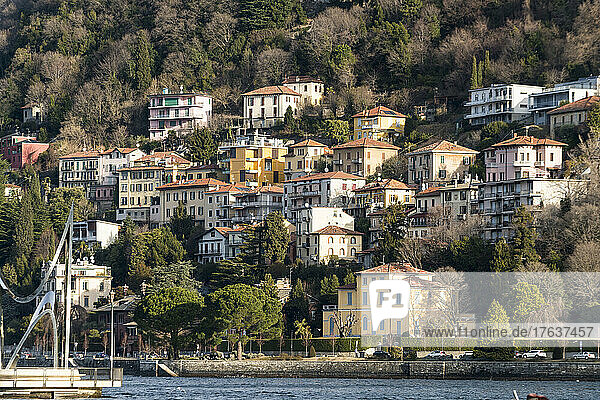 Italy  Como  Houses on hillside by lake Como